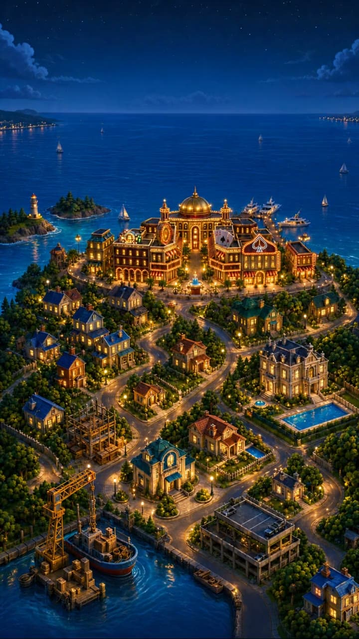 Lucky District coastal city at night